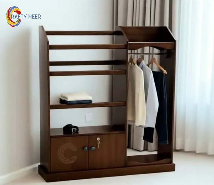 Lacquer Polish Alana, 1 Clothes Stoarge Shelve with 4 Hanging Stand & 1 Coat Hanging Stand with Lock Door Cabinet Model Alna101 (Albino Oak)